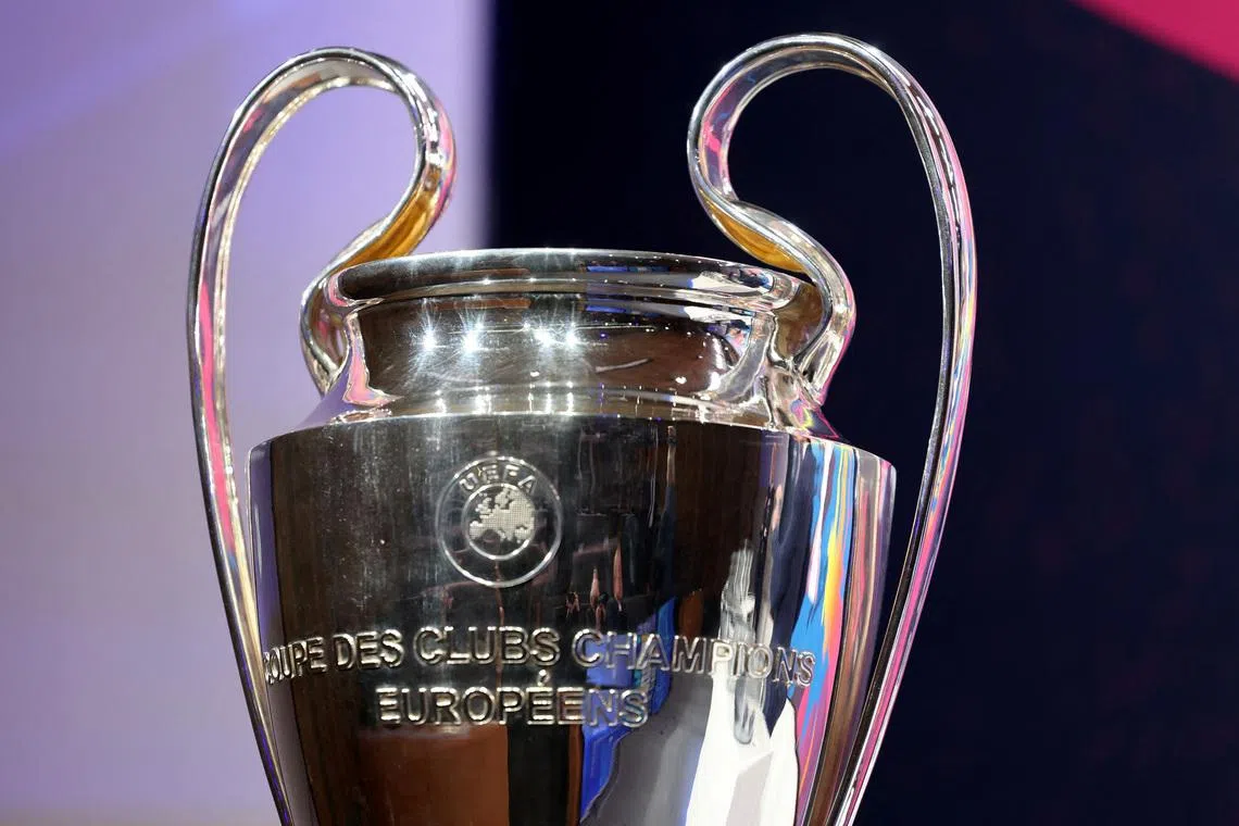 FILE PHOTO: Soccer Football - UEFA Champions League - Knockout Phase Playoffs Draw - UEFA Headquarters, Nyon, Switzerland - January 30, 2026 General view of the UEFA Champions League trophy during the draw REUTERS/Pierre Albouy/File Photo