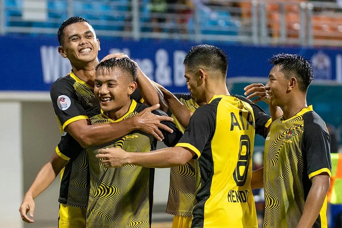 Brunei DPMM's Hakeme Said celebrating his first Singapore Premier League goal for the 2023 season in a 3-1 defeat to Lion City Sailors on March 3.