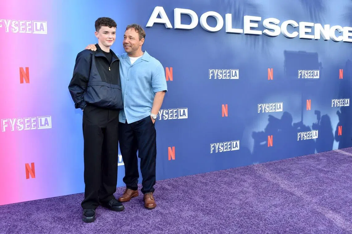 British co-creator, writer, executive producer and actor Stephen Graham (right) and British actor Owen Cooper attend Netflix's Adolescence ATAS (Academy of Television Arts & Sciences) event at the Television Academy Saban Media Centre in North Hollywood on May 27. 