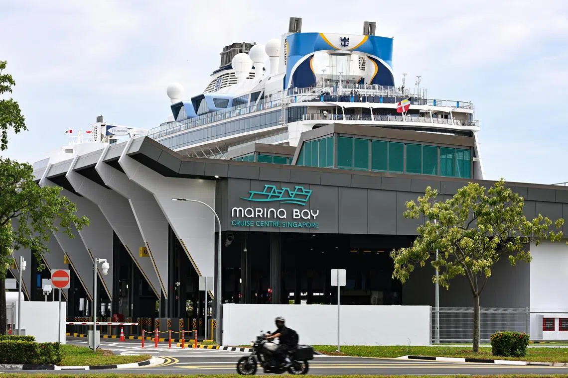 [EMBARGOED TILL OCT 29, 5.30PM]
ST20251023-202588400444-Lim Yaohui-Vanessa Paige Chelvan-vccruise23/
Ovation of the Seas cruise ship at Marina Bay Cruise Centre Singapore on Oct 23, 2025.
Marina Bay Cruise Centre Singapore (MBCCS), managed by SATS-Creuers Cruise Services (SCCS), has completed a $40 million upgrade to enhancepassenger experience and accommodate the growing cruise travel demand in Asia.
(ST PHOTO: LIM YAOHUI)