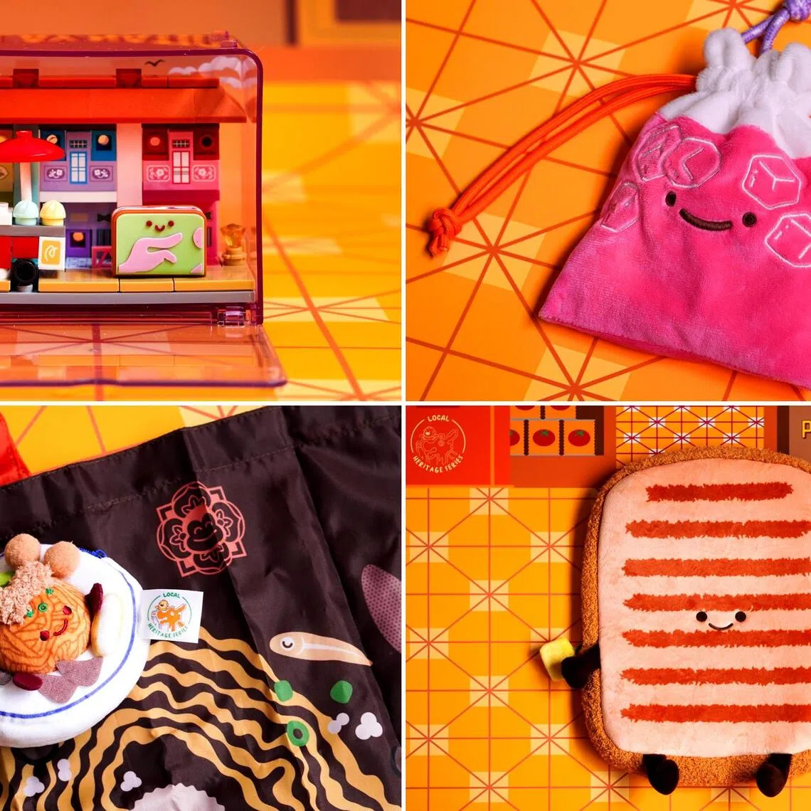 (Clockwise from top left) Shophouse building block set, Iced Bandung drawstring crossbody bag, Kaya Butter Toast laptop sleeve and Bak Chor Mee plush keychain with foldable bag.