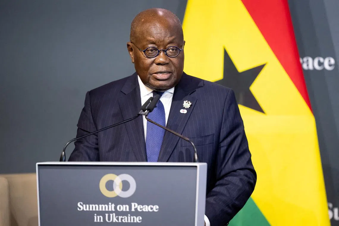 FILE PHOTO: President Nana Addo Dankwa Akufo-Addo of Ghana speaks during a press conference during the Summit on Peace in Ukraine, in Stansstad, Switzerland, June 16, 2024. ALESSANDRO DELLA VALLE/Pool via REUTERS/File Photo