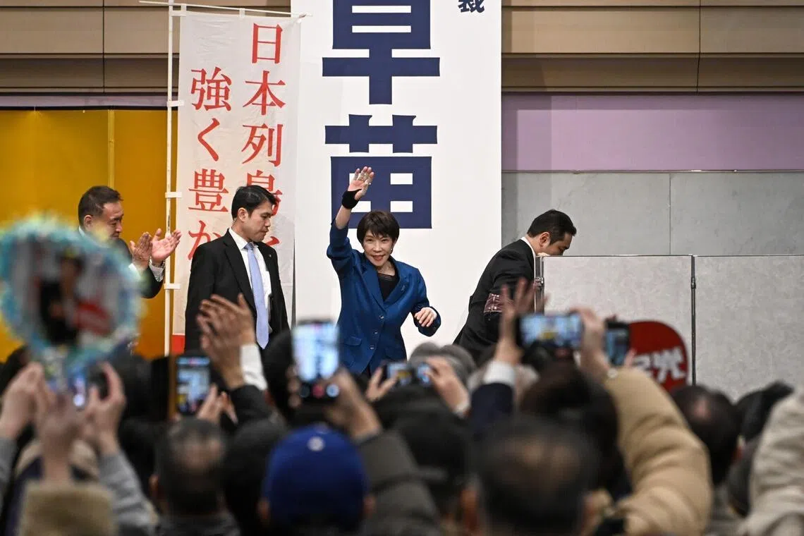 Sanae Takaichi, Japan's prime minister and president of the Liberal Democratic Party at an LDP election rally in Kawagoe, Saitama.