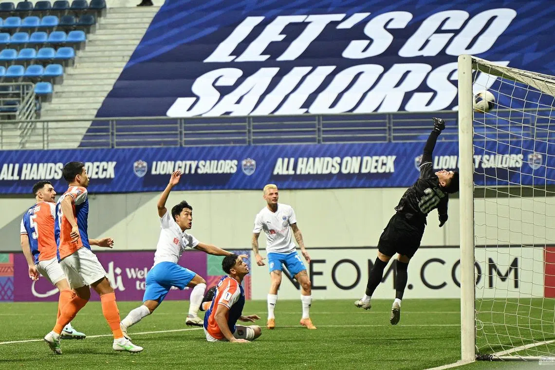 Song Ui-young scoring the Lion City Sailors’ first goal during their 5-2 win over Port FC in Group F of the AFC Champions League 2 at the Jalan Besar Stadium.