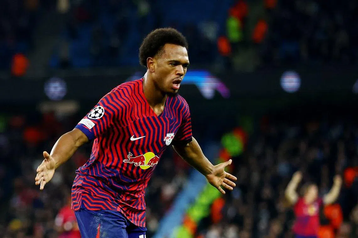 Soccer Football - Champions League - Group G - Manchester City v RB Leipzig - Etihad Stadium, Manchester, Britain - November 28, 2023 RB Leipzig's Lois Openda celebrates scoring their second goal REUTERS/Carl Recine/File Photo