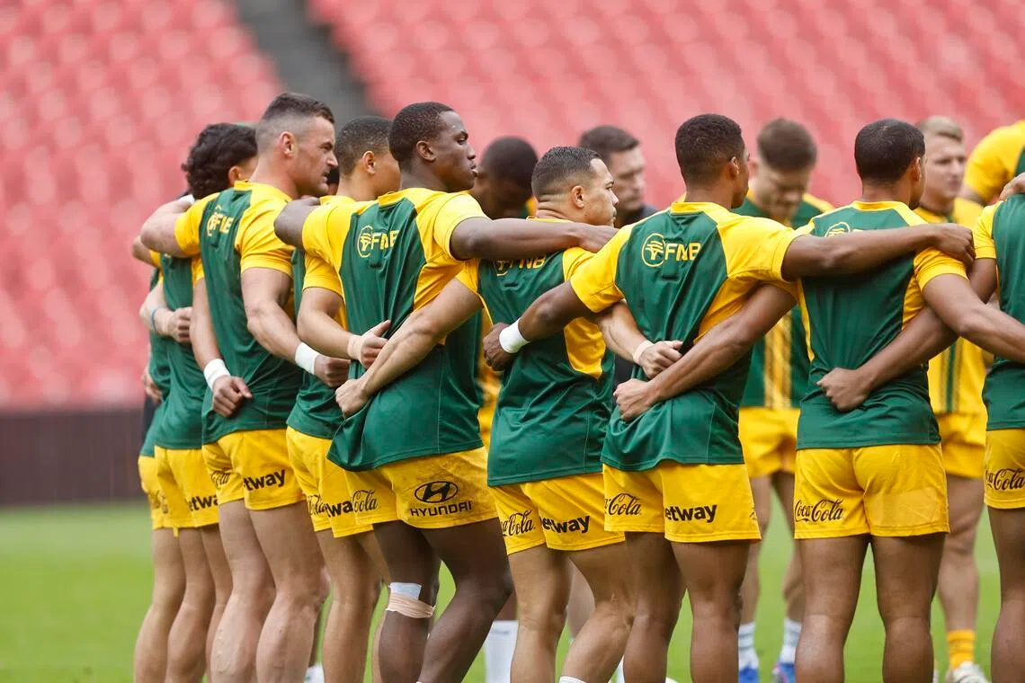 The South Africa rugby team huddling during a training session on June 17 ahead of their exhibition match against the Barbarians on June 20, when the Springboks ran out 80-31 winners. 