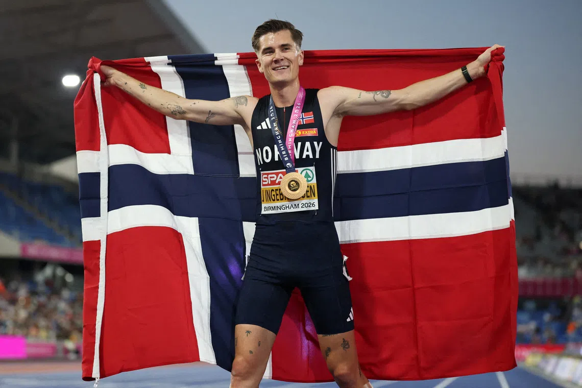 Norway’s Jakob Ingebrigtsen celebrates winning the men’s 5000m final on Aug 10, at the European Athletics Championships in Birmingham, England.