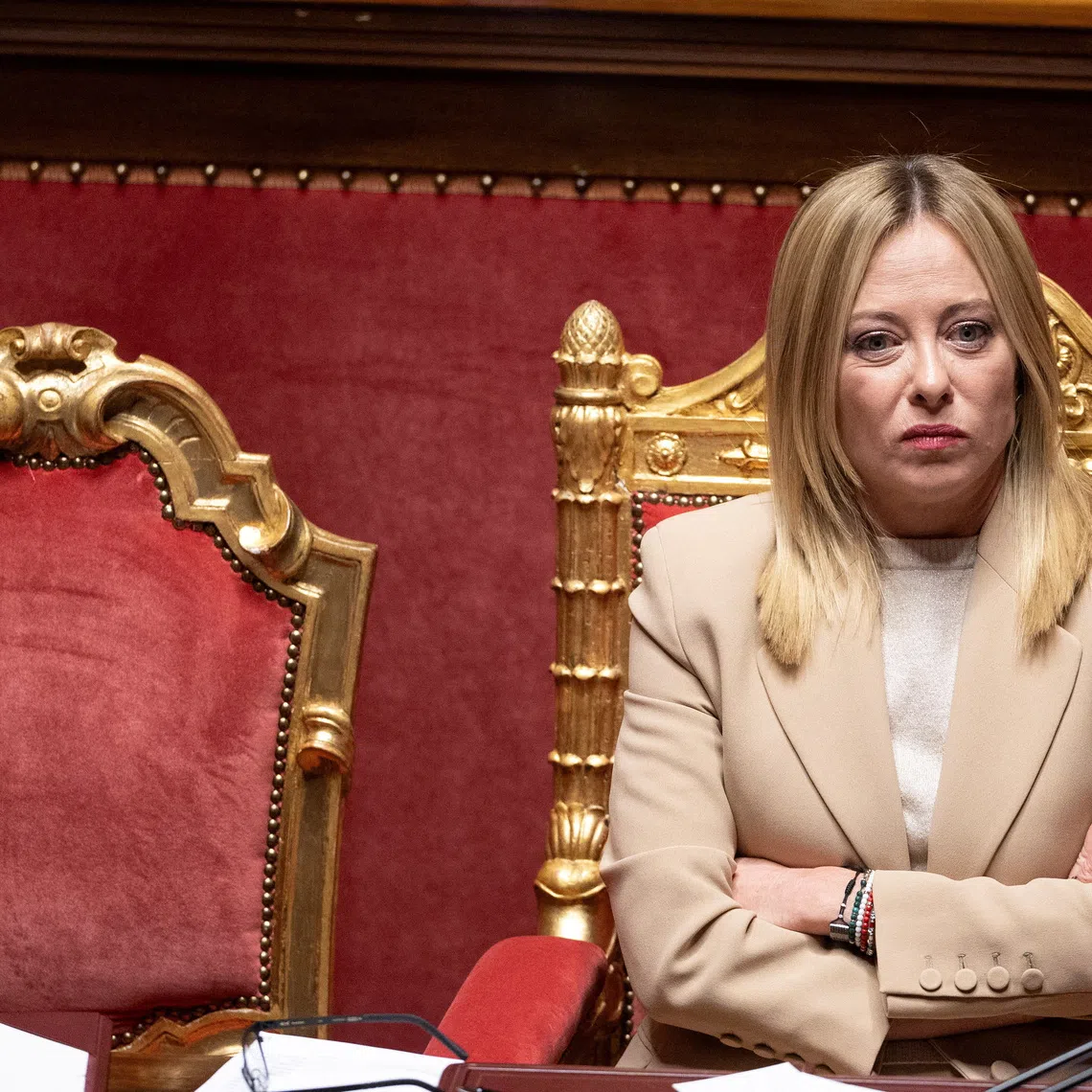 FILE PHOTO: Italy's Prime Minister Giorgia Meloni looks on as she appears at the Senate, ahead of the European Council in Brussels, in Rome, Italy, October 22, 2025. REUTERS/Remo Casilli/File Photo