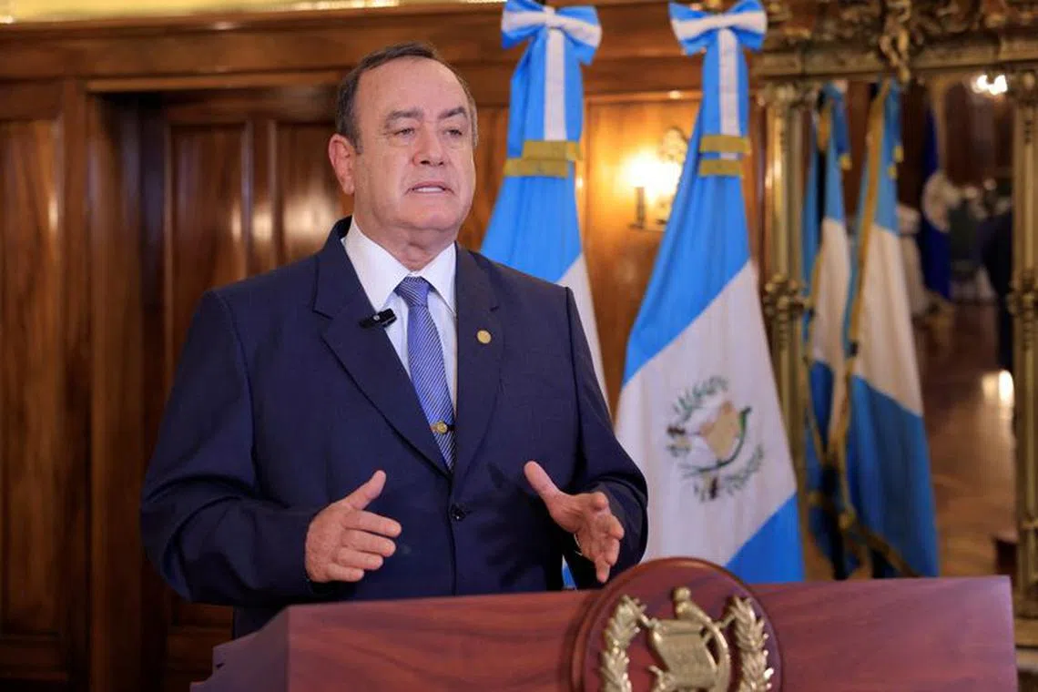 FILE PHOTO: Guatemala President Alejandro Giammattei delivers a broadcast message where he mentioned that the country would no longer tolerate street blockades, which he called illegal, in Guatemala City, Guatemala October 9, 2023. Guatemala Presidency/Handout via REUTERS