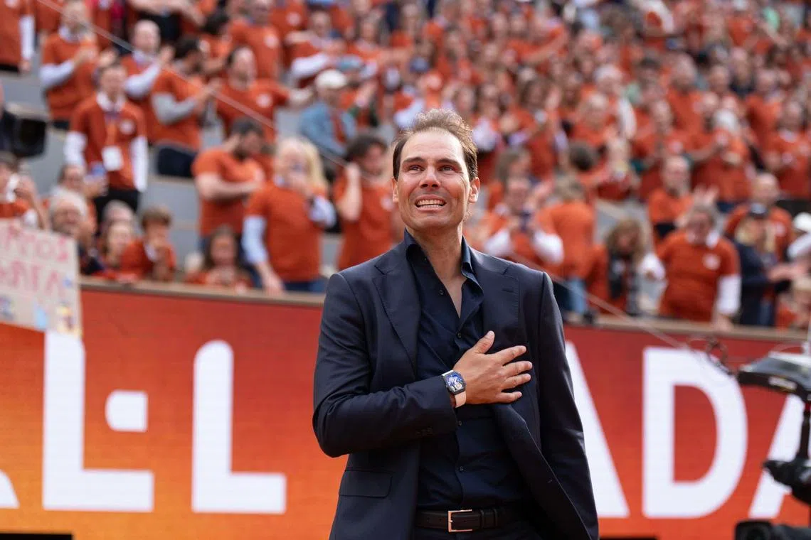 Rafael Nadal of Spain does a final walk around the court during the presentation ceremony paying tribute to his career on a packed Court Philippe Chatrier Courtday on day one at Roland Garros Stadium, Paris, FR, May 25, 2025. Mandatory Credit: Susan Mullane-Imagn Images