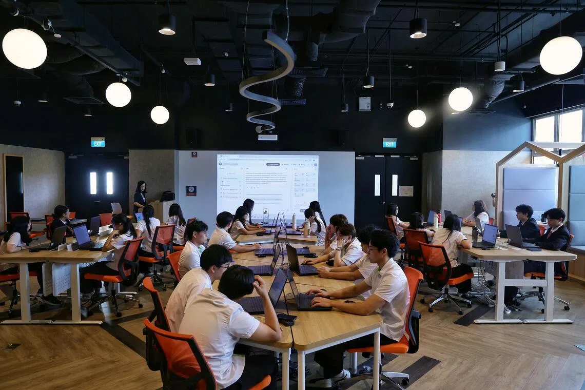 Students pursuing Higher Nitec in Business Information Systems having a hands-on session in the AI Sandbox Studio of the AI Living Lab at ITE College East on Feb 4, 2026.