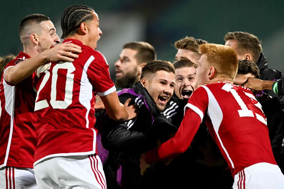 Hungary players celebrate after Bulgaria scored an own goal in the 2-2 Euro 2024 qualifying draw.