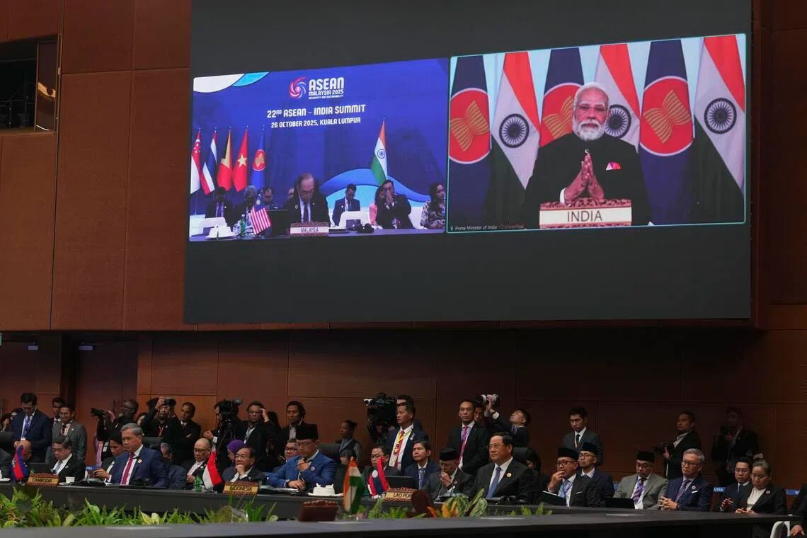 Indian Prime Minister Narendra Modi gave a virtual speech to at the 47th Association of Southeast Asian Nations (Asean) summit in Kuala Lumpur, Malaysia on Oct 26, 2025.  