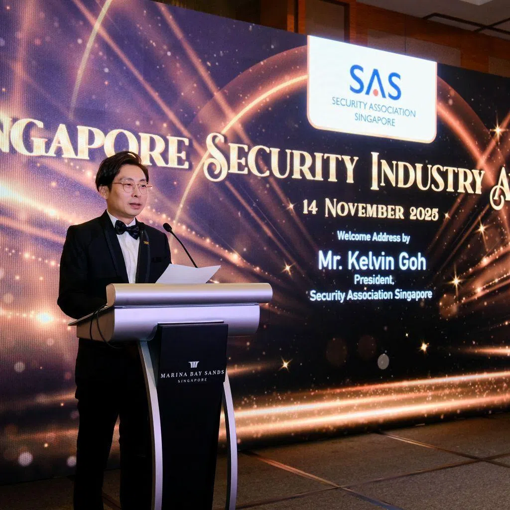 President of the Security Association Singapore Kelvin Goh, delivers the welcome address at the Singapore Security Industry Awards 2025 on Nov 14.