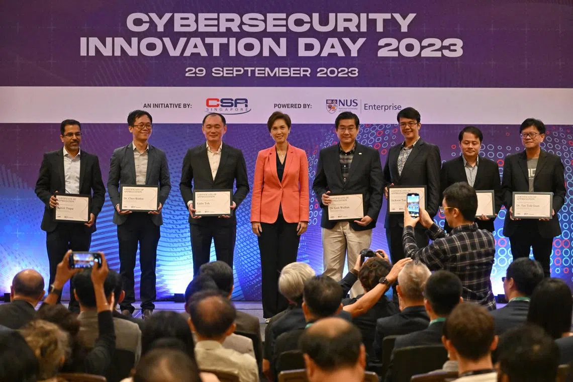 Minister for Communications and Information Josephine Teo, on stage with CyberCall 2022 Expert Panel during the Cybersecurity Innovation Day 2023 at Sands Expo & Convention Centre on Sep 29, 2023.



/Cyber Security Agency of Singapore (CSA) will unveil 4 cyber security projects that have received funding to tackle emerging threats to Singapore's cyberspace. 
Minister Josephine Teo will also issue a call to developers to work on new solutions to threats identified.