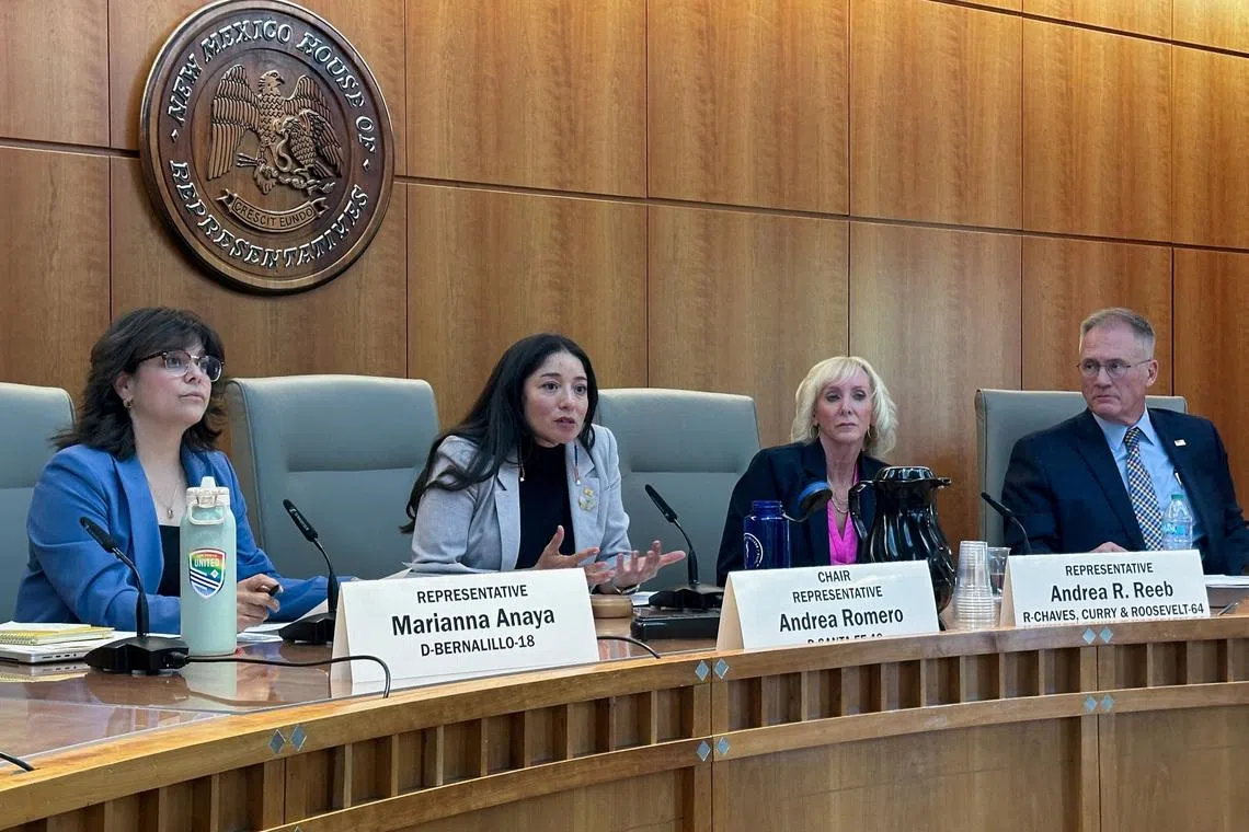 FILE PHOTO: New Mexico Representative Andrea Romero, chair of the Epstein Truth Commission, established by the New Mexico Legislature, answers a reporter's question,at the New Mexico legislature in Santa Fe, New Mexico, June 1, 2026 REUTERS/Andrew Hay/File Photo