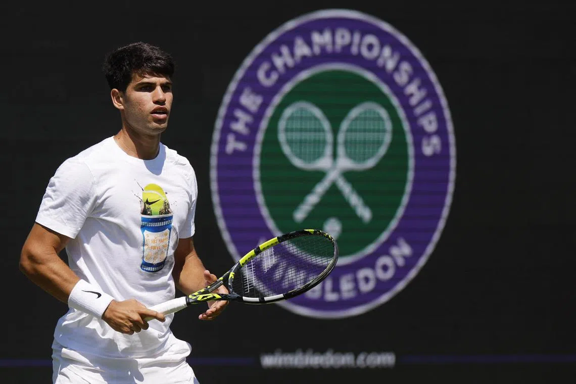 Spain's Carlos Alcaraz during a practice session ahead of the Wimbledon tennis tournament on June 27. 