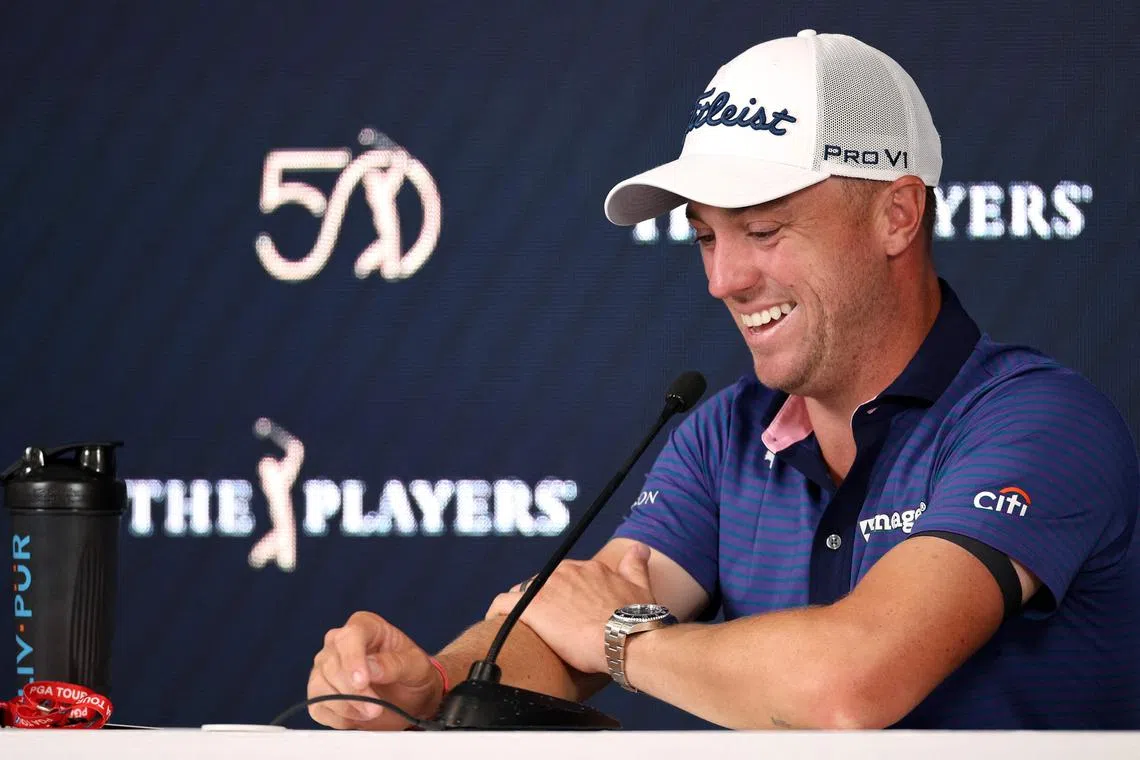 Justin Thomas of the United States speaks to the media before The Players Championship.