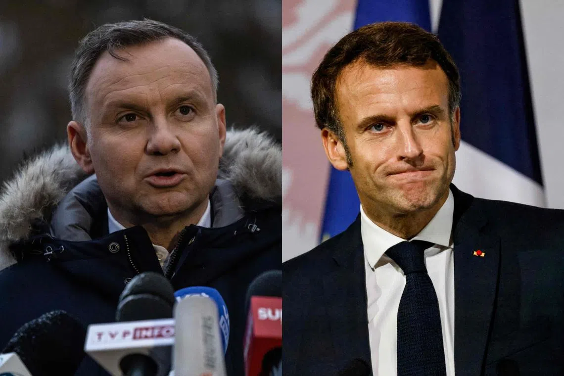 Polish President Andrzej Duda (left) thought he was talking to French counterpart Emmanuel Macron.