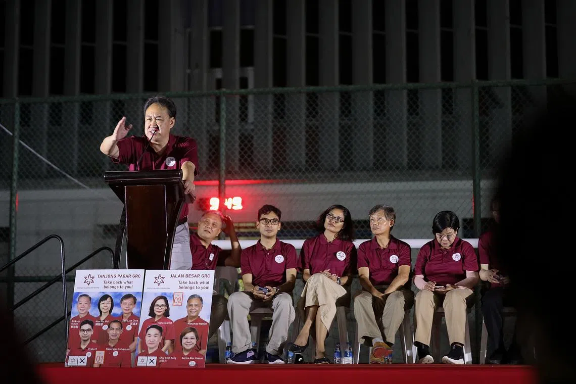 People’s Alliance for Reform's secretary-general Lim Tean speaks at the party's rally at Northlight School on April 26.