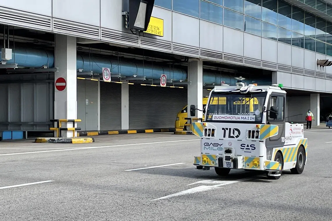Changi Airport is testing the use of self-driving vehicles to move baggage around the airport. 