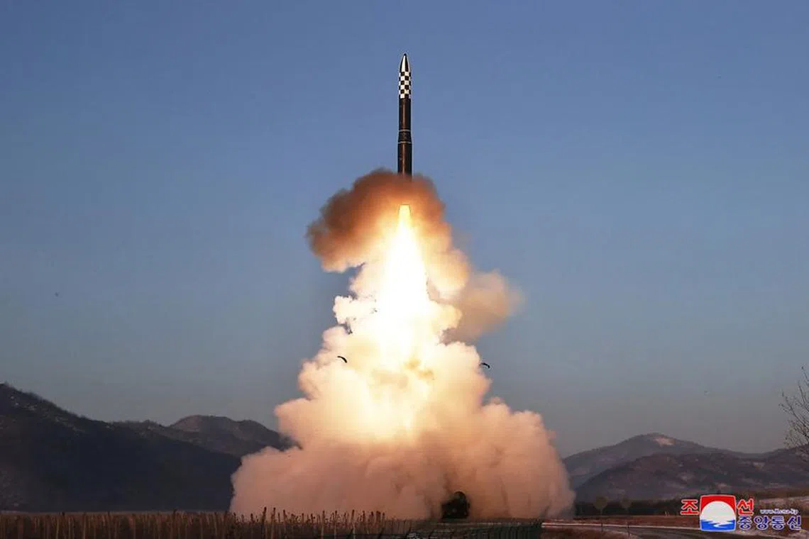 A Hwasong-18 intercontinental ballistic missile is launched during what North Korea says is a drill at an unknown location December 18, 2023 in this picture released by the Korean Central News Agency.     KCNA via REUTERS