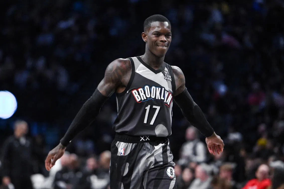 FILE PHOTO: Dec 1, 2024; Brooklyn, New York, USA; Brooklyn Nets guard Dennis Schroder (17) reacts during the second half against the Orlando Magic at Barclays Center. Mandatory Credit: John Jones-Imagn Images/File Photo