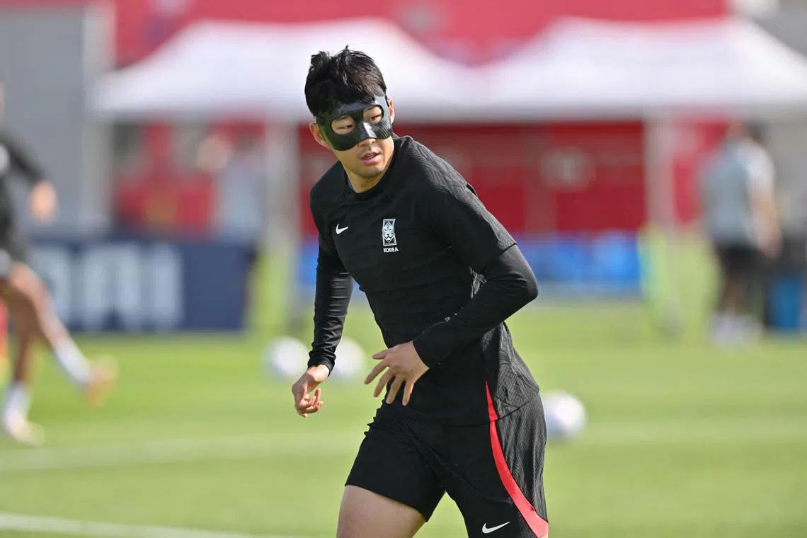 South Korea attacker Son Heung-min taking part in a training session at the Al Egla Training Site 5 in Doha on Sunday, on the eve of the Qatar 2022 World Cup football match between South Korea and Ghana.