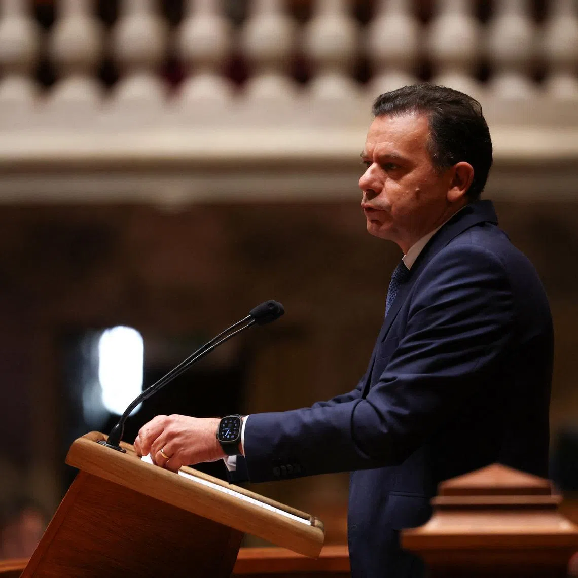 Portugal's Prime Minister Luis Montenegro speaks during the debate on government's performance on the storms that hit Portugal, at the parliament in Lisbon, Portugal, February 19, 2026. REUTERS/Pedro Nunes