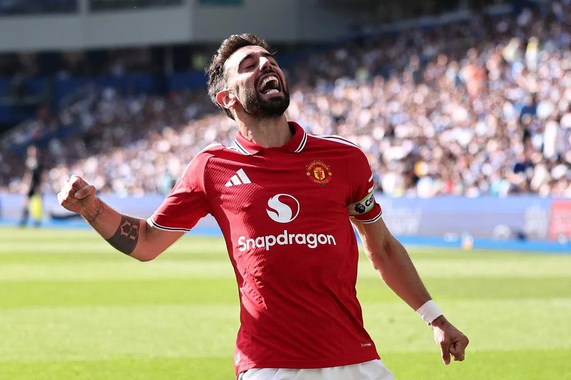 Soccer Football - Premier League - Brighton & Hove Albion v Manchester United - The American Express Community Stadium, Brighton, Britain - May 24, 2026 Manchester United's Bruno Fernandes celebrates scoring their third goal. REUTERS/David Klein