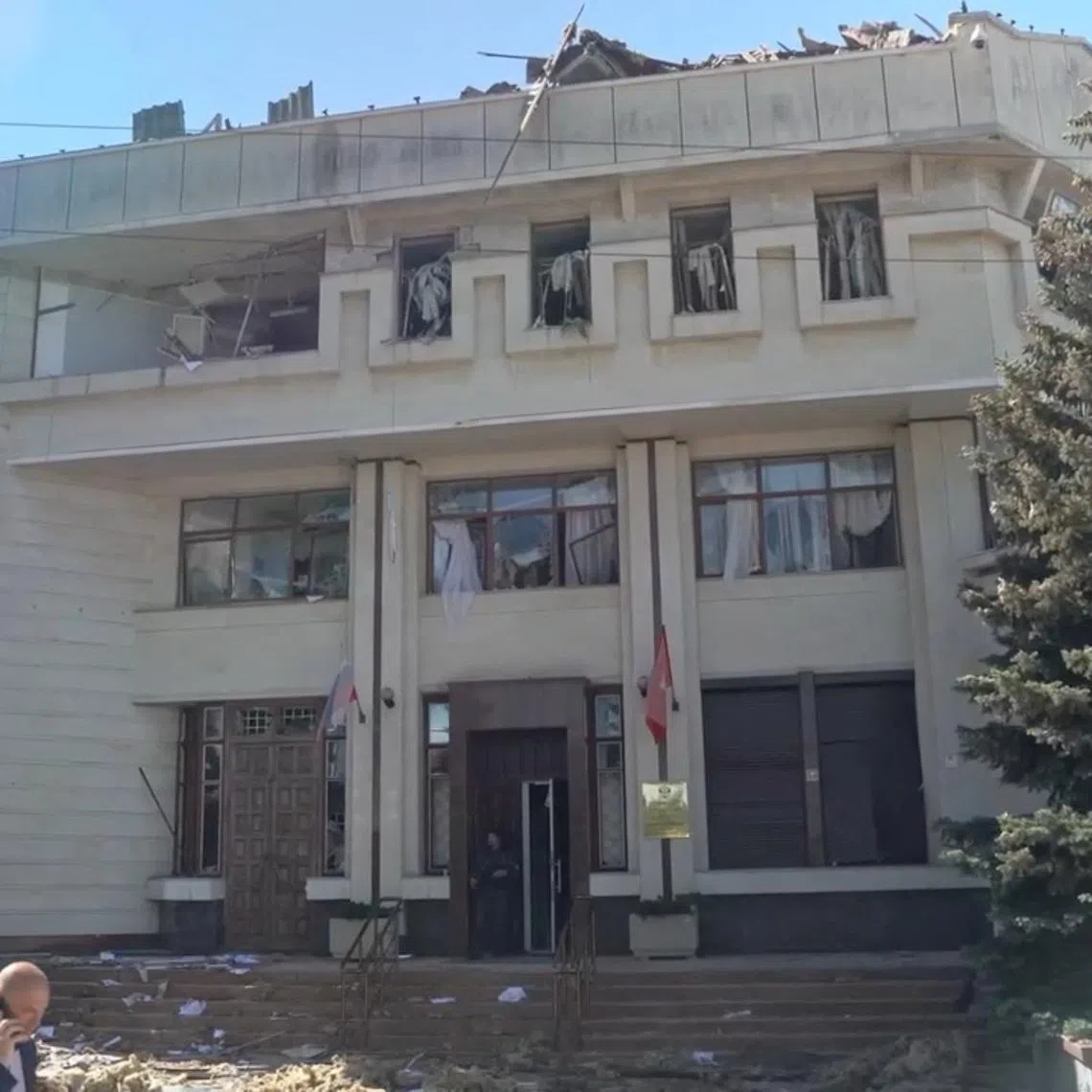 The building of the regional office of Russia’s central bank, which according to the city governor was damaged in a Ukrainian drone and missile attack, in Sevastopol, Crimea, May 27, 2026, in this still image taken from video. Governor of Sevastopol Mikhail Razvozhayev/Handout via REUTERS