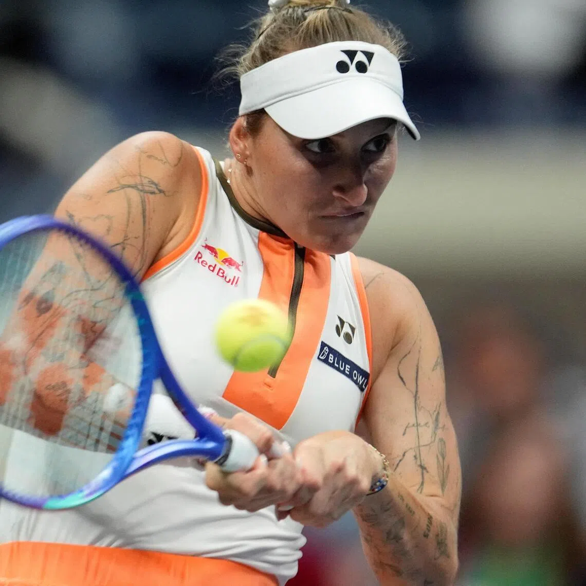 Czech Republic's Marketa Vondrousova in action during her fourth round match against Kazakhstan's Elena Rybakina in August 2025.