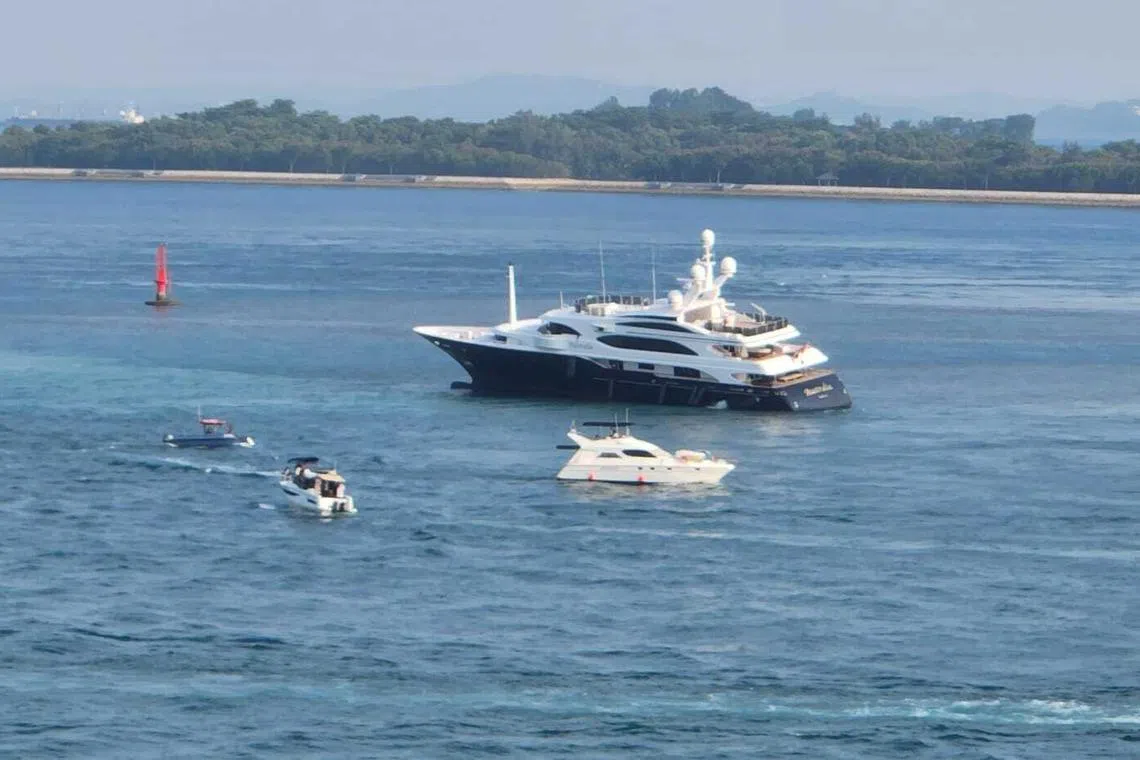 A foreign-registered luxury yacht that ran aground near Sentosa on Oct 16, 2023.