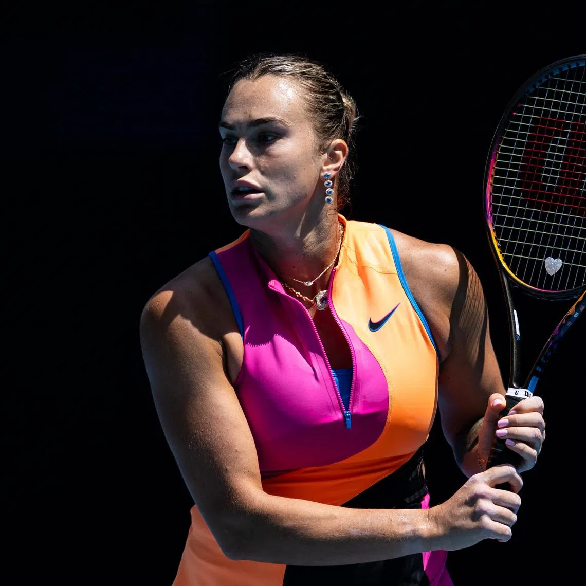 Jan 21, 2026; Melbourne, Victoria, Australia; Aryna Sabalenka in action against Zhuoxuan Bai of China in the second round of the women’s singles at the Australian Open at Rod Laver Arena in Melbourne Park. Mandatory Credit: Mike Frey-Imagn Images