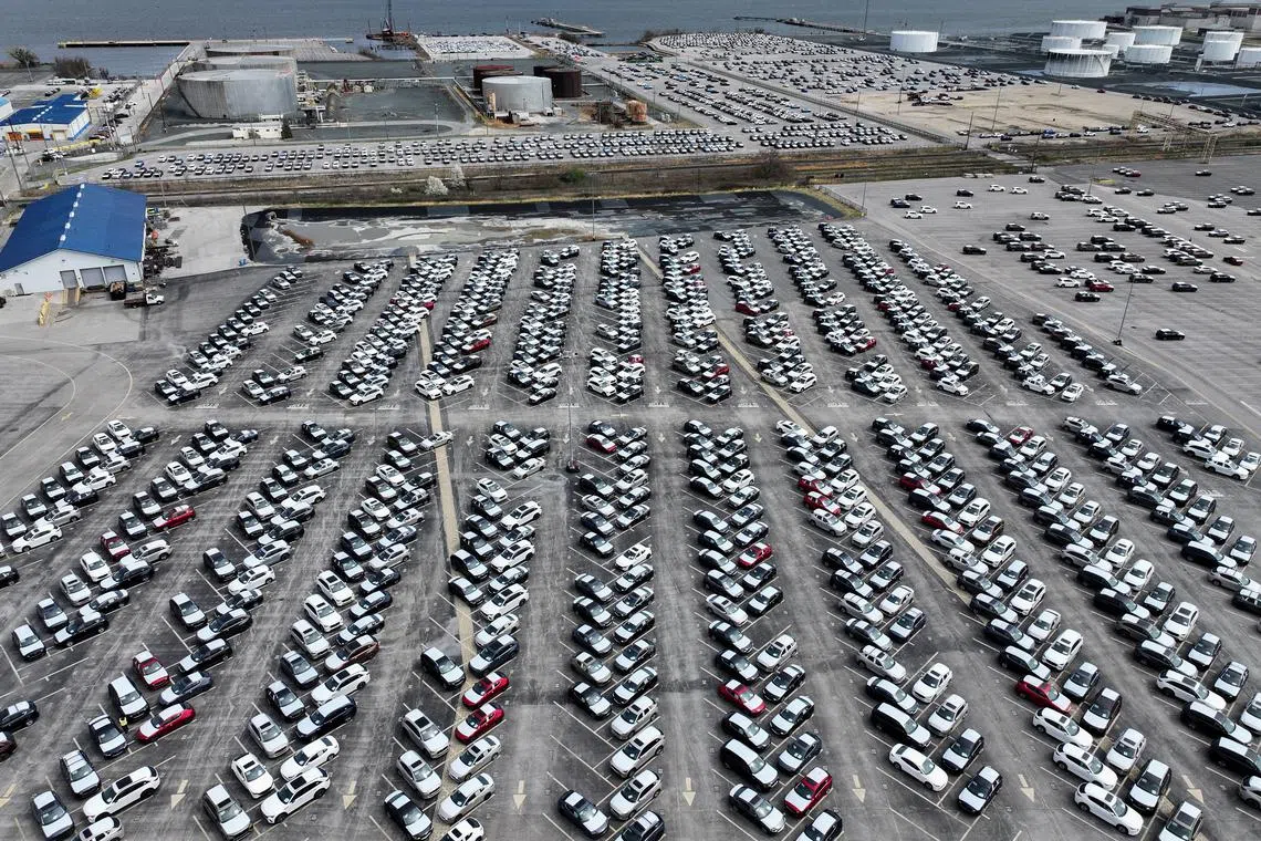 FILE PHOTO: A drone view shows cars on the day U.S. President Donald Trump is set to announce new tariffs, at the Port of Baltimore, Maryland, U.S., April 2, 2025. REUTERS/Evelyn Hockstein/File Photo