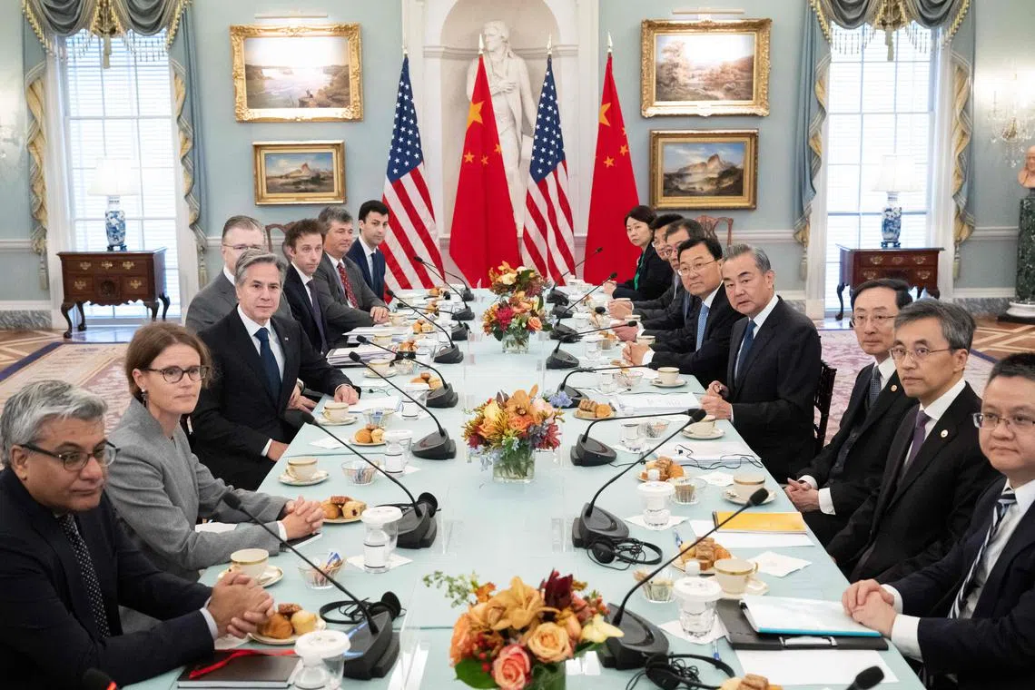 Chinese foreign minister Wang Yi (right, centre) met US Secretary of State Antony Blinken (left, centre) and other senior US diplomats in Washington.