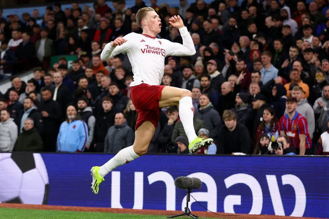 Soccer Football - Premier League - Aston Villa v Manchester United - Villa Park, Birmingham, Britain - February 11, 2024 Manchester United's Scott McTominay celebrates scoring their second goal REUTERS/Carl Recine