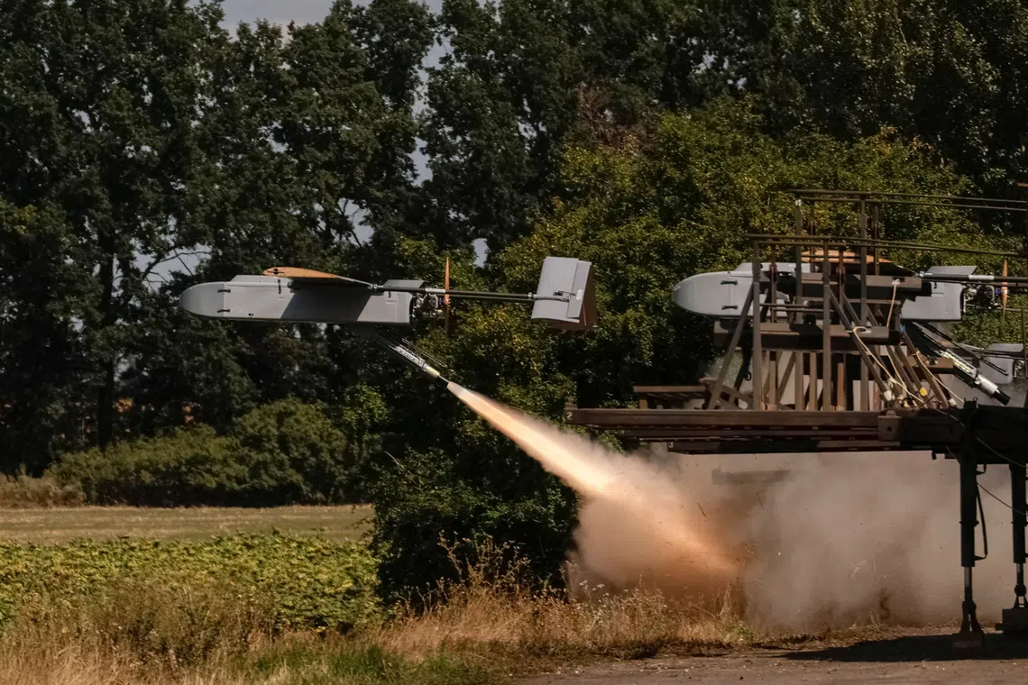 An FP-2 middle strike drone flies after being launched by Servicemen of the 20th Separate K-2 Unmanned Systems Brigade of the Unmanned Systems Forces, amid Russia's attack on Ukraine, in Kharkiv region, Ukraine August 16, 2026. REUTERS/Sofiia Gatilova