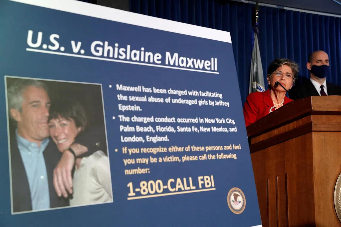 A 2020 photo showing the announcement of charges against Ghislaine Maxwell, pictured (left) with convicted sex offender Jeffrey Epstein