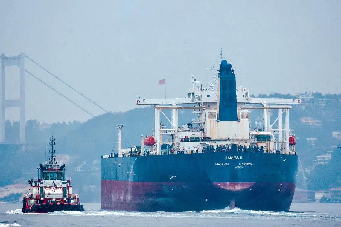 FILE PHOTO: Palau-flagged crude oil tanker James II transits the Bosphorus in Istanbul, Turkey, December 21, 2024. REUTERS/Yoruk Isik/File Photo