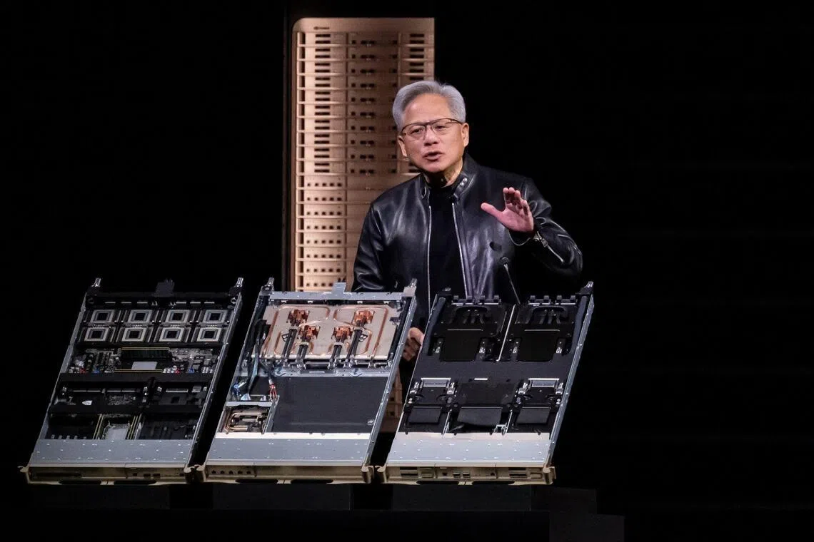 Jensen Huang, chief executive officer of Nvidia, expects to generate at least US$1 trillion from its Blackwell and Rubin chips through the end of 2027. Photographer: David Paul Morris/Bloomberg