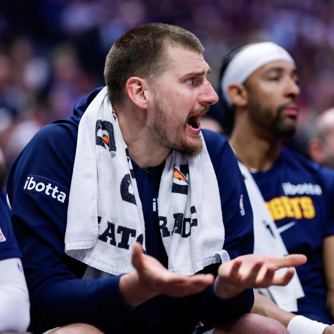 Apr 8, 2026; Denver, Colorado, USA; Denver Nuggets center Nikola Jokic (15) reacts from the bench in the second quarter against the Memphis Grizzlies at Ball Arena. Mandatory Credit: Isaiah J. Downing-Imagn Images