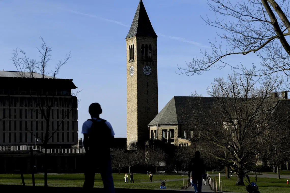 FILE — The campus of Cornell University in Ithaca, N.Y., April 11, 2023. As college students wrap up finals and prepare for winter break, Harvard, USC, Cornell and other colleges and universities are warning international students to return to campus before President-elect Donald Trump is inaugurated on Jan. 20. (Heather Ainsworth/The New York Times)