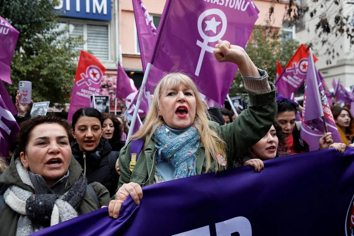 FILE PHOTO: People take part in a demonstration to protest against all gender-based violence and femicide, ahead of International Women's Day, in Istanbul, Turkey March 3, 2024. REUTERS/Dilara Senkaya/File Photo