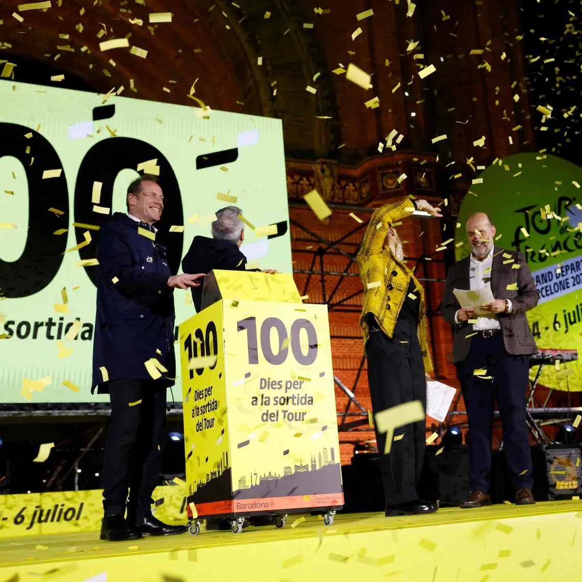 Tour de France general director Christian Prudhomme (left) and Mayor of Barcelona Jaume Collboni activating of the 100-day countdown clock during 100-Day Grand Depart Tour de France 2026 celebration, on March 26, 2026, in Barcelona. The 2027 Grand Depart will take place in Britain.