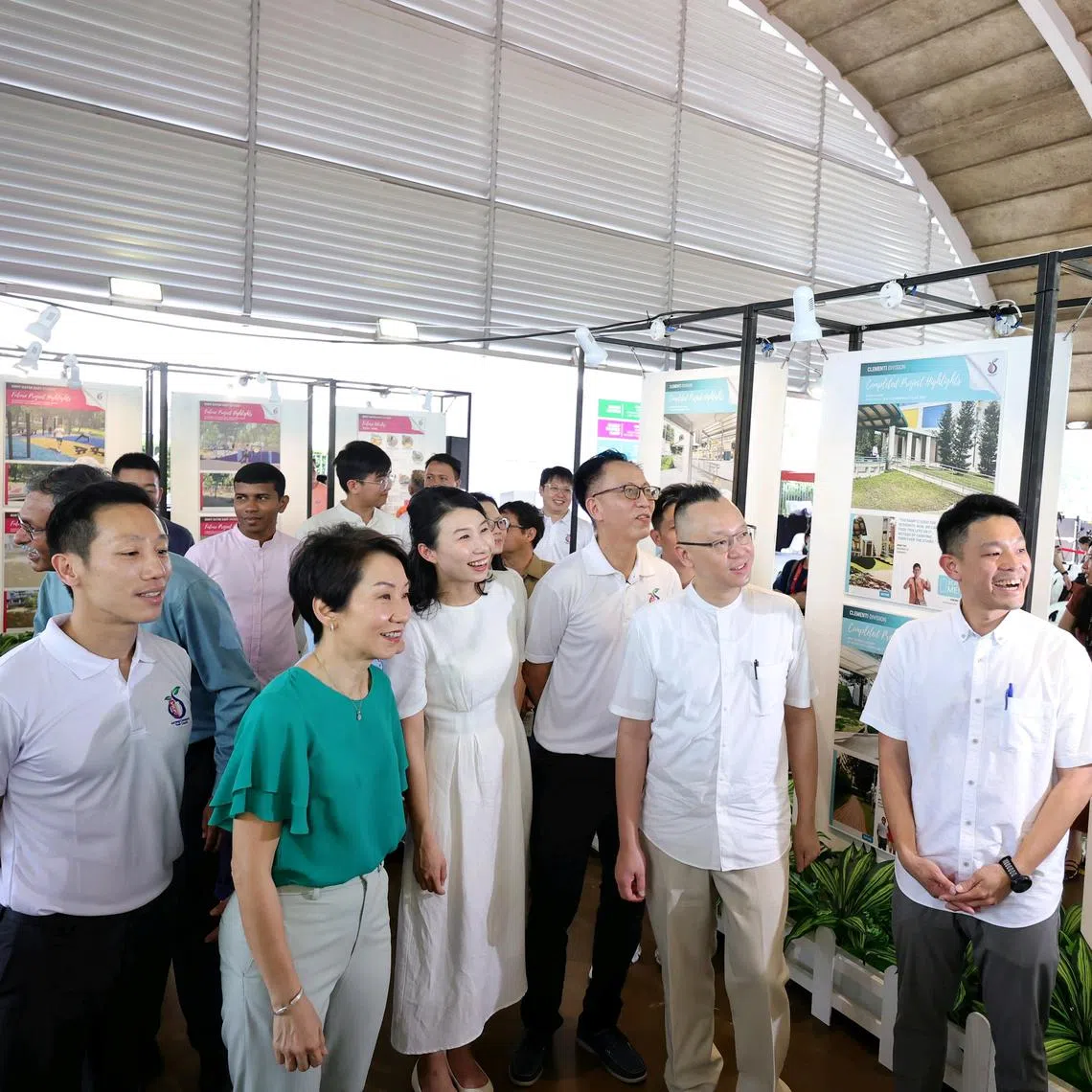 Minister for Sustainability and the Environment Grace Fu (second from left), Jurong GRC MPs Xie Yao Quan (left) and Tan Wu Meng (second from right), and Jurong-Clementi Town Council volunteers Cassandra Lee (third from left) and David Hoe (right) at the launch of the Jurong-Clementi Town Council's five-year masterplan.
