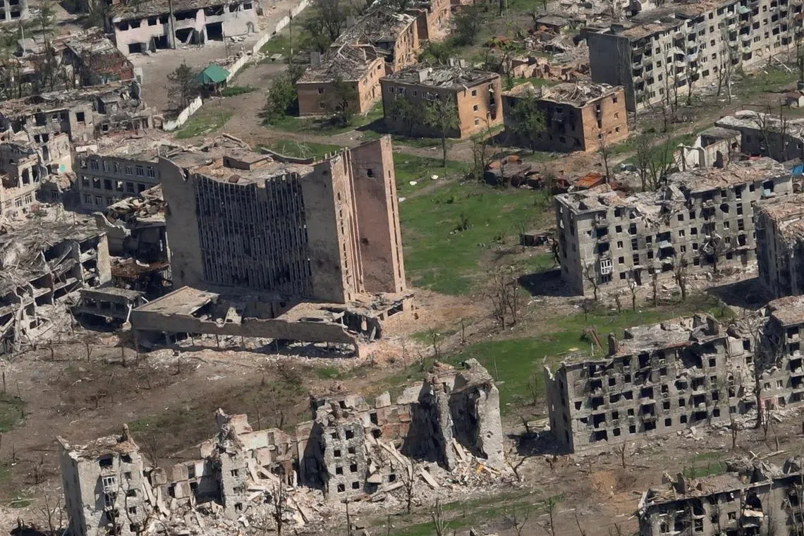 FILE PHOTO: Aerial view shows destroyed buildings as a result of intense fighting, amid the Russian invasion, in Bakhmut, Ukraine in this still image from handout video released June 15, 2023. 93rd Kholodnyi Yar Brigade/Handout via REUTERS  THIS IMAGE HAS BEEN SUPPLIED BY A THIRD PARTY. MANDATORY CREDIT. REUTERS WAS ABLE TO CONFIRM THE LOCATION AND WAS NOT ABLE TO INDEPENDENTLY VERIFY THE DATE/File Photo