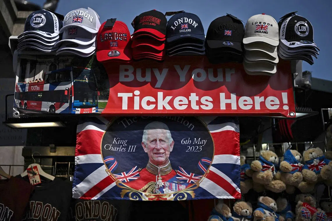 A Coronation-themed Union flag is pictured at a souvenir stall near Houses of Parliament in central London, on May 3, 2023, as preparations continue ahead of the May 6 Coronation of King Charles III. 