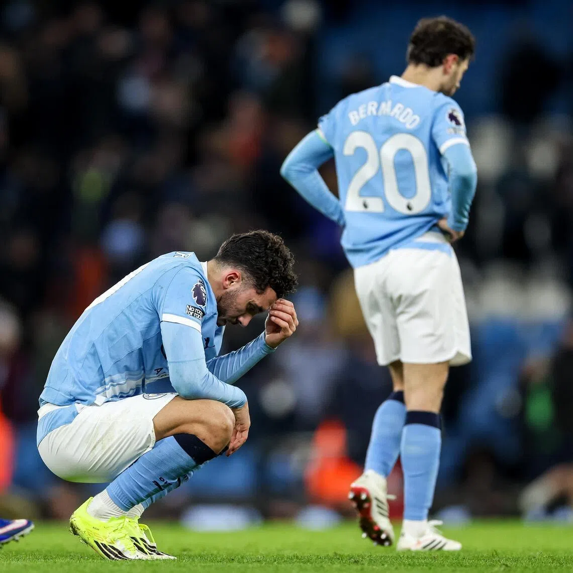From left, Jeremy Doku, Rayan Cherki and Bernardo Silva reacting after the 1-1 English Premier League draw against Brighton & Hove Albion at the Etihad Stadium on Jan 7.