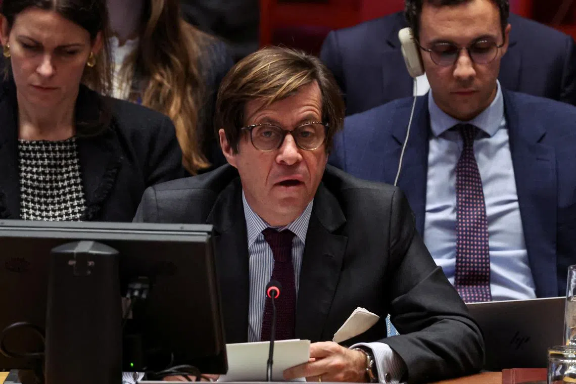FILE PHOTO: France's Ambassador to the United Nations Nicolas de Riviere speaks during a meeting of the United Nations Security Council on the situation concerning the Democratic Republic of the Congo, at U.N. headquarters in New York City, U.S., January 28, 2025.  REUTERS/Brendan McDermid/File Photo